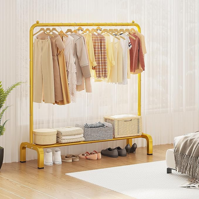 JIUYOTREE Metal 43.3 Inches Garment Rack with Bottom Shelf Clothing Rack for Hanging Clothes Coats Skirts Shirts Sweaters Gold