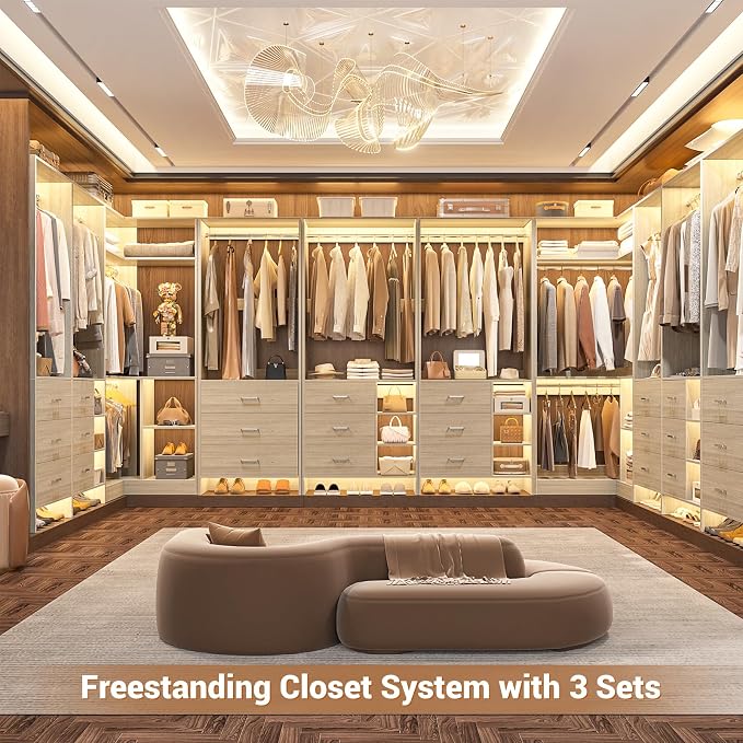 Aheaplus Closet System with 6 Drawers, 4 Hanging Rods & Corner Tower, Corner Closet System with Hanging, 86.8" L-Shaped Walk-In Wardrobe Organizer, 2000+ lbs Capacity, Set of 3, White Oak