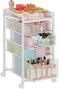 5-Tier Rolling Makeup Cart Organizer with 4 Drawers, Cosmetics Display with Dividers, Floor Skincare Storage with Wheels, Versatile Vanity Organizer for Nail Polish Perfume Brush Hair Tool, White