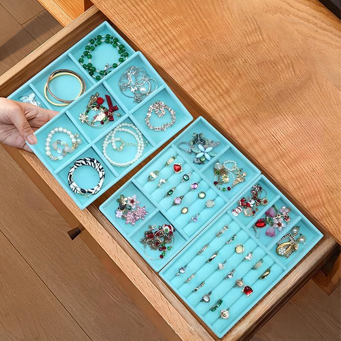 12 Pcs Jewelry Organizer Tray Stackable Velvet Jewelry Tray Earrings Display Case Necklace Earring Box Storage Drawer Bracelet Rings Accessories Trays, Blue