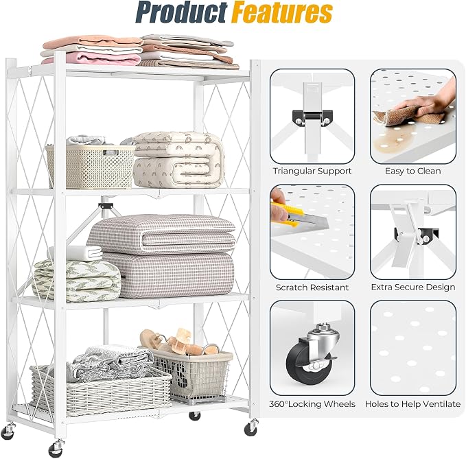 4-Tier Folding Metal Storage Rack - 50" Heavy-Duty Steel Frame with Wheels, No Assembly Utility Organizer, Rolling Shelving Unit for Kitchen, Garage, Pantry, Bedroom (White, 4 Tier)