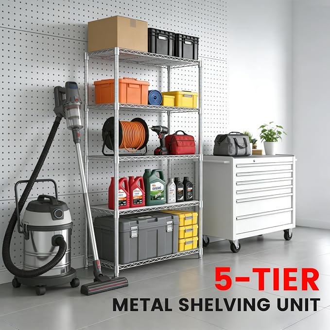Xcity Storage Shelves, 5 Tier Heavy Duty Metal Shelving Unit, 2000 LBS Adjustable Steel Wire Shelf for Commercial, Pantry, Kitchen, Garage, 14" D x 30" W x 60" H, Chrome
