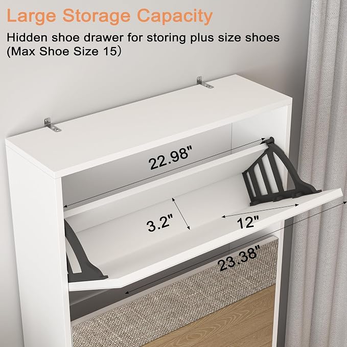 Mirror Shoe Cabinet, Hidden Shoe Storage Organizer with Flip Drawers Door, 5 Tier Free Standing Shoe Rack for Closet, Entrance | Real Glass Mirror | Fits Men's Size 15 | Narrow Organizer | Entryway Storage | Space-Saving | White