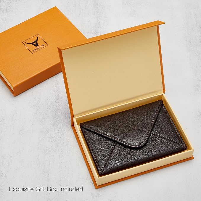 HISCOW Italian Pebbled Leather Business Card Holder, Minimalist Full Grain Envelope Card Case with Hidden Magnetic Closure, 0.19 Inch Slim Front Pocket Wallet for Men and Women, Espresso