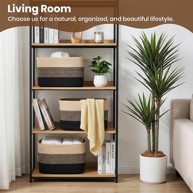 Storage Baskets for Organizing, 14 x 10 x 9” Closet Shelf Woven Baskets, Square Bins with Handles, Cotton Rope Basket for Clothes, Office, Room, Black+Brown 4 Pack