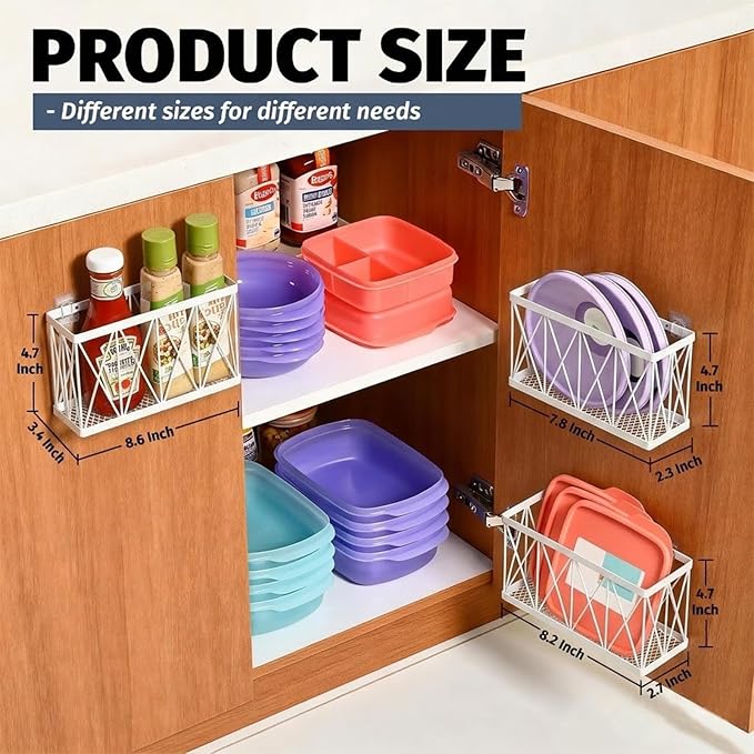 Rise Age Adhesive Cabinet Organizer, Wall Mounted Lid Organizer, No Drill Kitchen Cabinet Storage for Slim Space, 3 Pcs White Stainless Steel