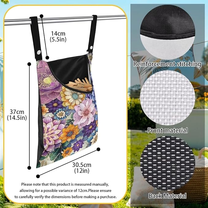 Mandara Boho Clothespin Bag Flowers Clothespin Bag for Clothesline Outdoor Clothespin Storage with Hanger Hook Clothespin Bags Hanging Outdoor Waterproof Clothespin Storage