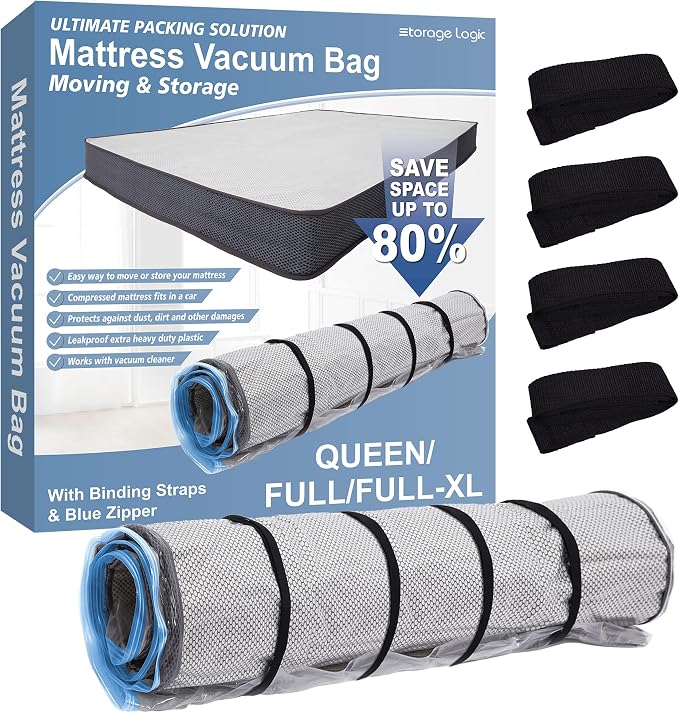 Storage Logic Foam Mattress Vacuum Bag with Blue Zipper, Mattress Storage Bag, Straps Included, Queen/Full/Full-XL