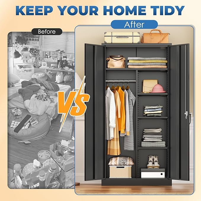 INTERGREAT Wardrobe Cabinets with Locking Doors and Shelves, Clothing Locker Storage Cabinet 72" X 36" X 18" for Home Room, School, Employee, Gym, Black