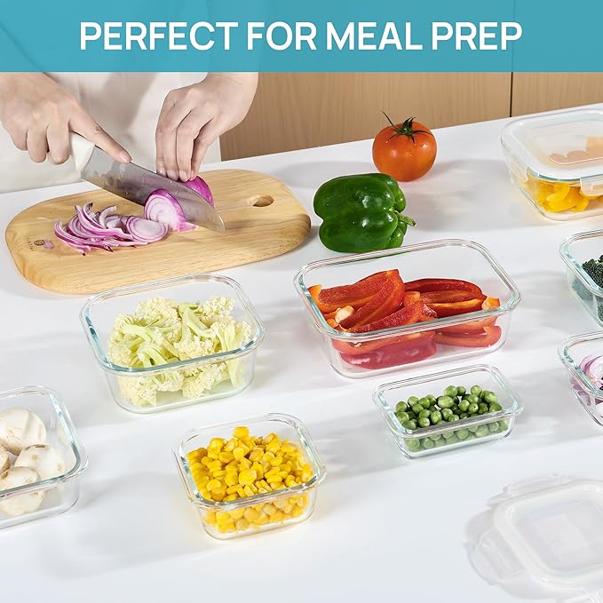 Vtopmart 8 Pack Glass Food Storage Containers with Airtight Lids, Glass Meal Prep Containers, Lunch Office Meal for Microwave, Oven, Freezer and Dishwasher, BPA Free