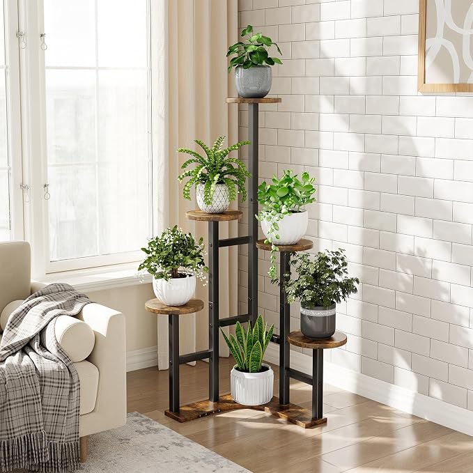 Yzosvki Corner Plant Stand Indoor, 6 Tiered Corner Plant Shelf Flower Stand for Multiple Plants, Plant Shelves Organizer Rack for Living Room, Balcony, Patio, Garden, Round Rustic Brown