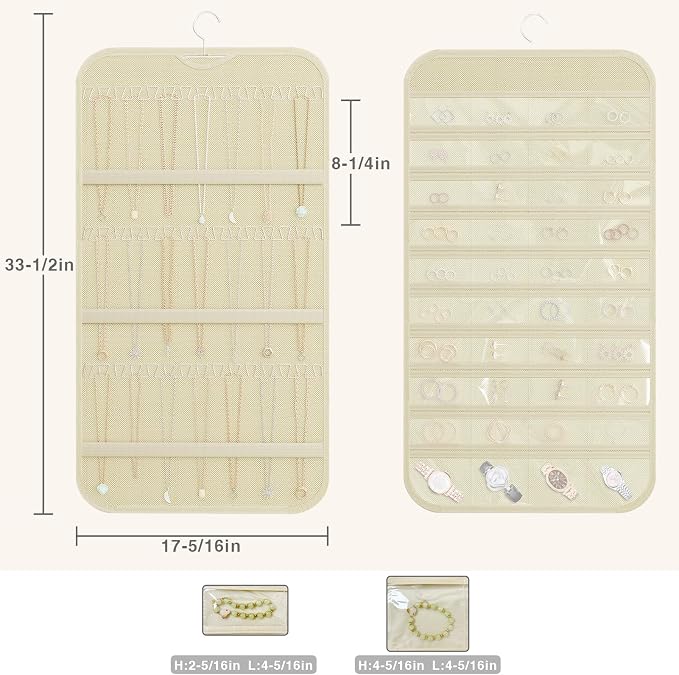 Double-Sided Hanging Jewelry Organizer for Necklaces Earrings, 2-Pack Beige | Foldable 36 hooks & 40 clear pockets; swivel hook fits walls, doors & rods for earrings, bracelets, rings & small jewelry