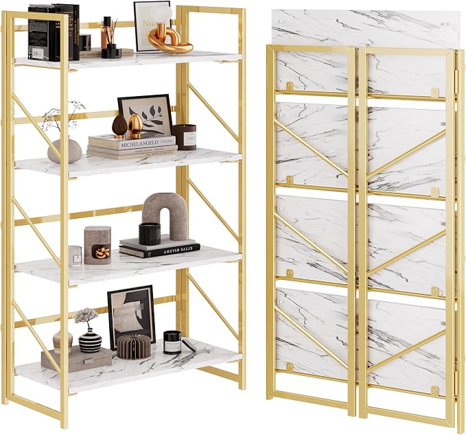 JSB 4 Tier No Assembly Folding Bookshelf, Foldable Storage Bookcase for Home Office, Space-Saving Storage Shelf for Living Room, Bedroom, Office (White&Gold)