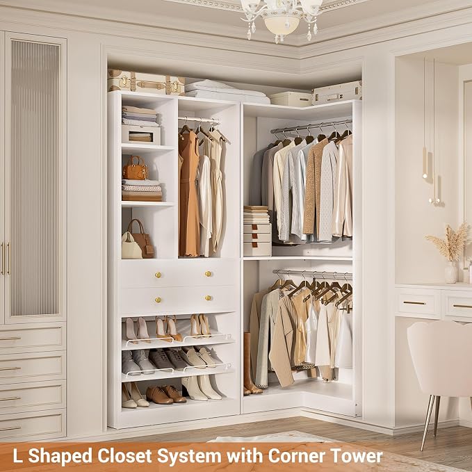 Besiost Corner Closet System with 2 Drawers, 3 Hanging Rods, 59.5" * 31.5" Closet Organizer System with Corner Tower, Reversible L Shaped Walk-in Closet System, Corner Closet System Set of 2, White