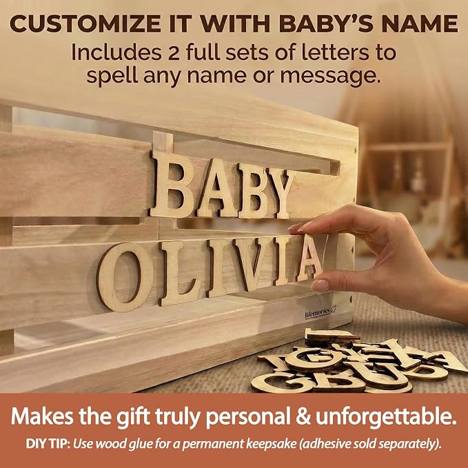 Wooden Baby Shower Crate Closet & Basket with Hanger Rack - Customizable Gift Basket with 2X Alphabet Letter Sets, Eucalyptus, 5 Hangers, Dividers, Nursery Decor Girls Boys (Natural Wood)