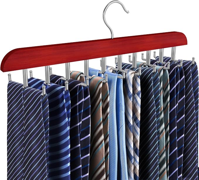 Tie Rack Hanger for Closet, 2 in 1 Belt Tie Hangers with 20 Folding Hooks, 360 Degree Rotating Wooden Tie Holder Organizer for Men Ties Belts Scarves Tank Tops Accessories, Walnut (1 Pack)