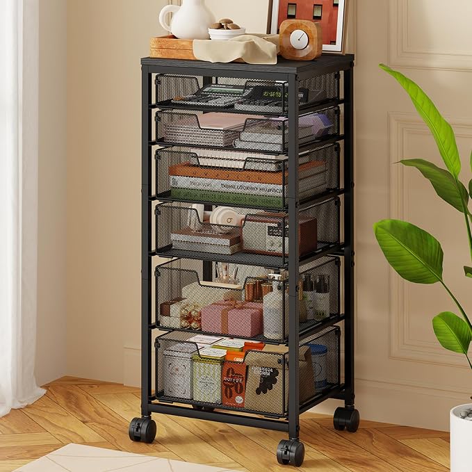Sbanmao 6 Drawers Rolling Utility Cart, Rolling Storage Cart with Wooden Tabletop, Storage Drawer Cart on Lockable Wheels, Craft Cart for Bedroom, Classroom, Office, Black