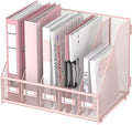 SUPEASY Desk Organizers Metal Desk Magazine File Holder with 5 Vertical Compartments Rack File Organizer for Office Desktop, Classroom, Home Workspace, Pink Plus