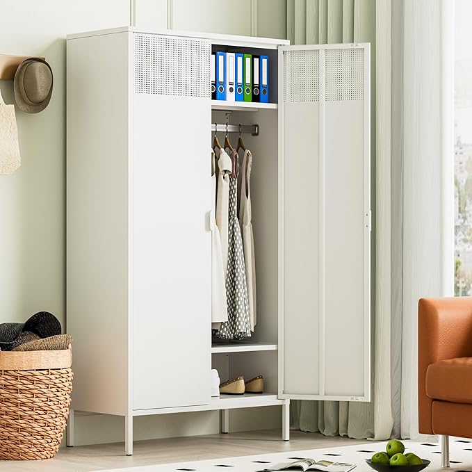 Ustamio 71 Inches White Metal Wardrobe Cabinet with Hanging Rod, Metal Armoire Wardrobe Closet with Doors for Bedroom, Office, Laundry Room and Changing Room, Metal Locker Cabinet