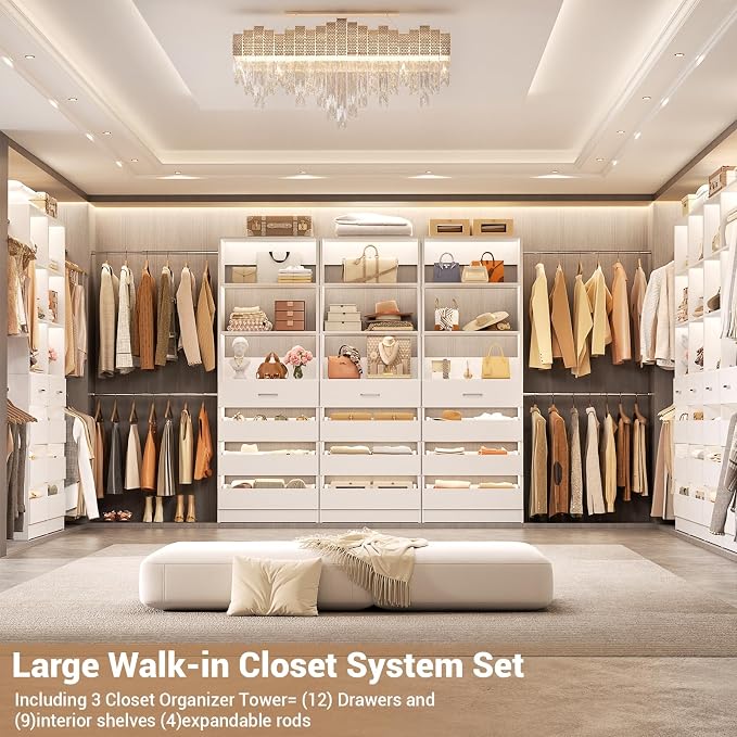 Aheaplus Closet System with 12 Drawers, 8.5-11.5Ft Wood Closet Organizer System with 4 Hanging Rods & 3 Towers, 4Ft & 6Ft L-Shaped Walk-in Closets Wardrobe Organizer Clothes Rack, Set of 3, White1