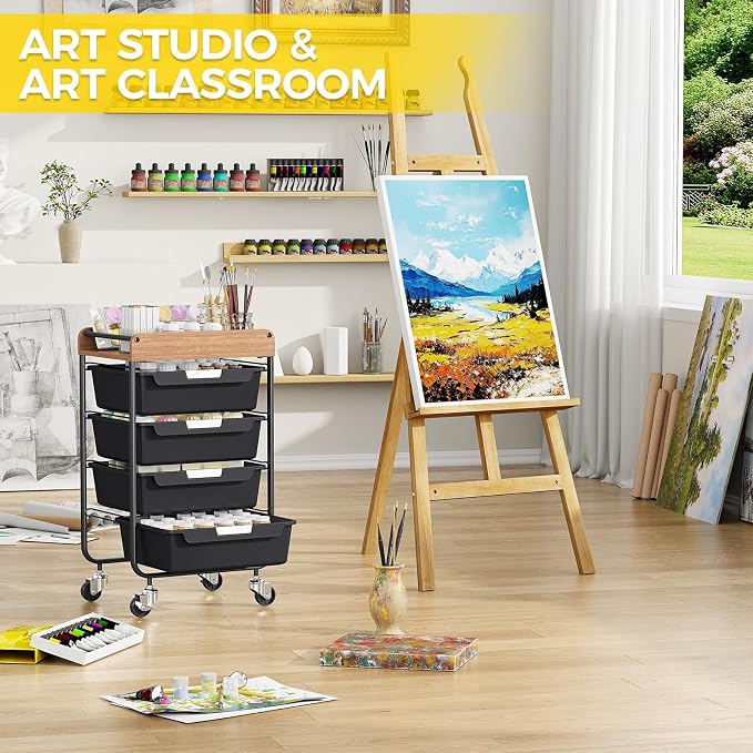 SYKIARIOL Utility Cart with 4 Labeling Drawers and Wooden Tabletop – Rolling Storage Cart for Crafters, Artists, Kids, Teachers, and Students – Organize Arts, Crafts, Sewing & Study Supplies