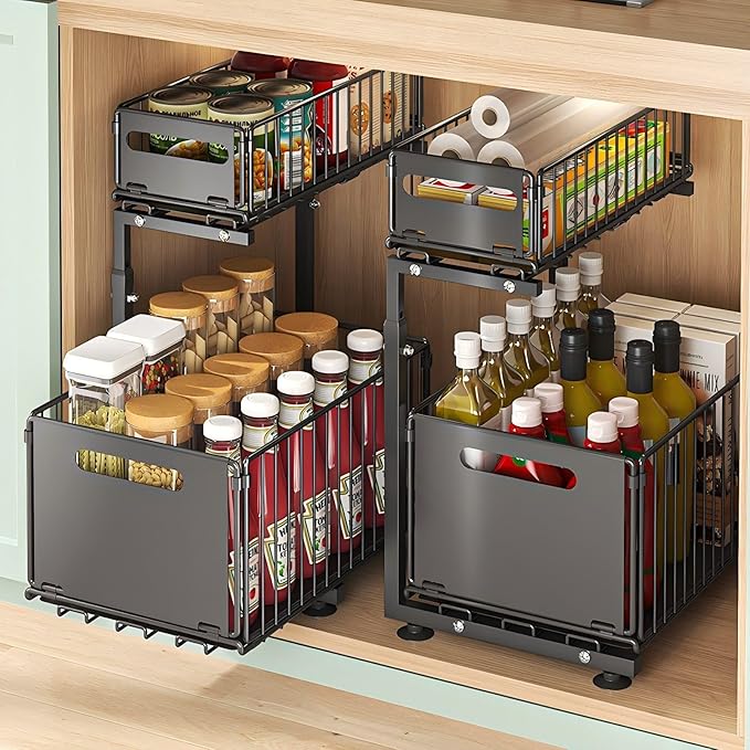 Under Sink Organizer, 2-Tier Multi-Use Kitchen and Bathroom Organizers and Storage, Slide Out Thickened Metal Under The Sink Organizer for Kitchen Bathroom Pantry (Style B Black, 1 Pack)