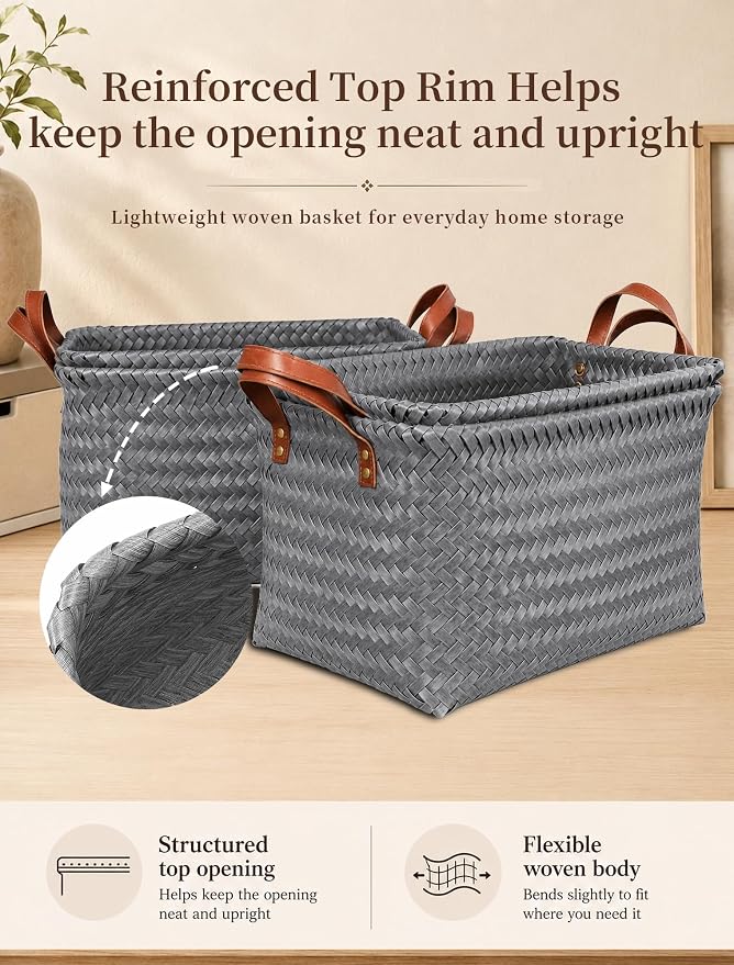 Hand Woven Baskets for Storage, 4Pcs Water-Resistant Wicker Baskets, Grey Wicker Storage Baskets for Shelves, Large Basket with Handle for Organizing, Clothes, Laundry, Blanket - Rectangular