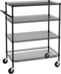 Finnhomy 4 Tier Heavy Duty Commercial Grade Rolling Cart with Handle Bar, Metal Wire Utility Cart with Wheels, Service Trolley on Wheels, Shelf Size 18" D x 36" W, NSF, Black
