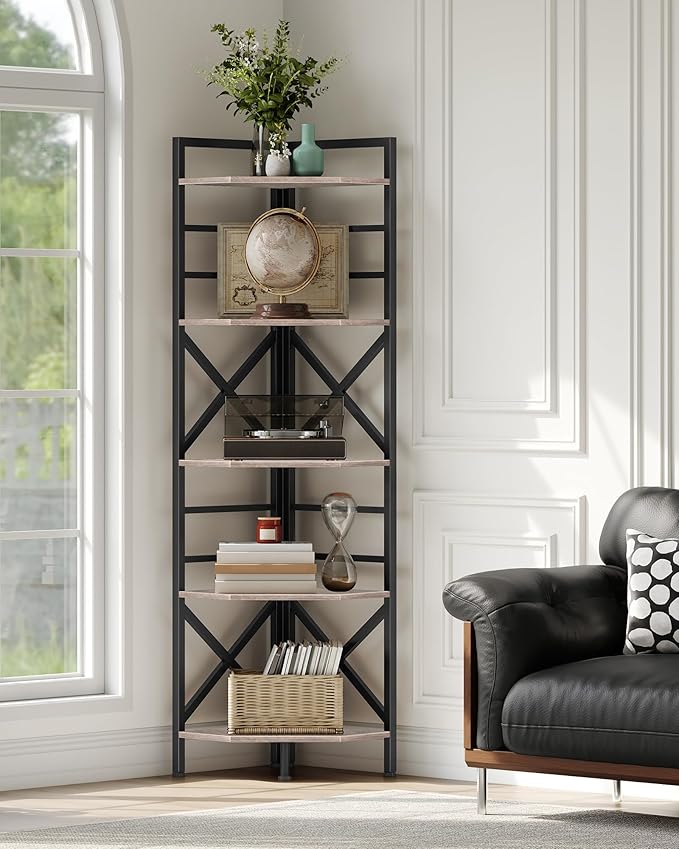 CHOEZON 69.3" Corner Shelf 5-Tier, Large Corner Shelving, Freestanding Storage Stand for Bedroom, Living Room, Kitchen, Industrial Engineered Wood Bookshelf Organizer, Greige and Black TCJ15BG