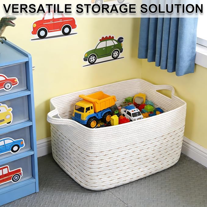 96L Extra Large Cotton Rope Laundry Basket with Sturdy Handles | 24x16x15 Foldable Rectangular Blanket Basket for Toys, Clothes & Pillows,Ideal for Nursery, Bathroom, Bedroom, Living Room