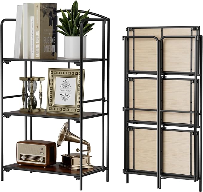 Crofy 3-Tier Foldable Bookshelf, Black Frame & Walnut Shelves | No-Assembly Collapsible Portable Storage Organizer; Sturdy Walnut Finish Shelves; Ideal for Living Room & Home Office