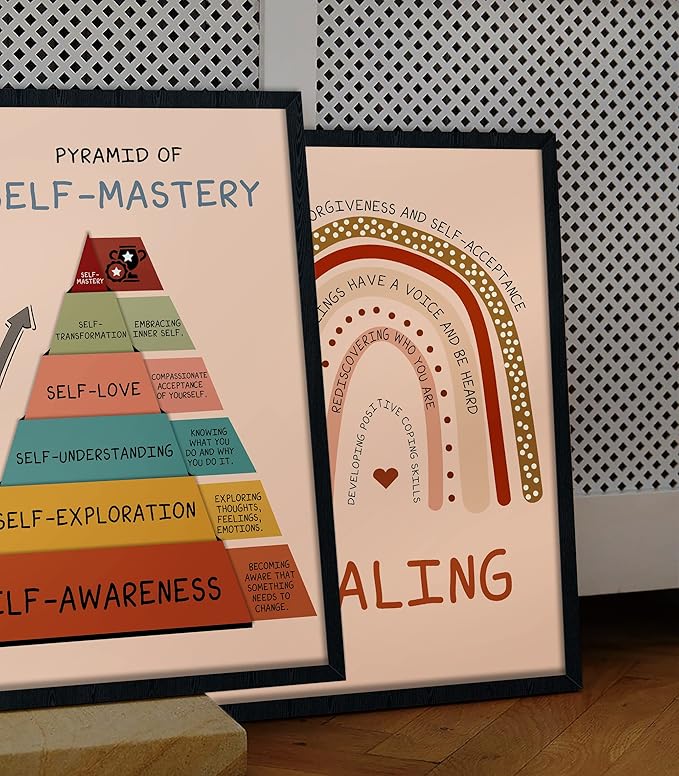 LOLUIS Mental Health Poster, Boho Therapy Tools Educational Supplies Art Print Classroom School Office Decor (Self Mastery Pyramid, Custom Frame Type)