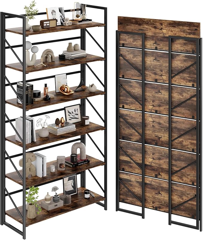 JSB 6 Tier No Assembly Folding Bookshelf, 30.7" Wide Foldable Storage Bookcase for Home Office, Space-Saving Storage Shelf for Living Room (Fire Brown)
