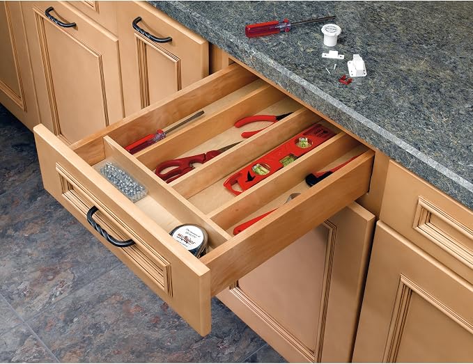 Rev-A-Shelf Trim-to-Fit Shallow Drawer Organizer For Kitchen Utensils, Cutlery Cabinet Storage Divider Insert, 23.98 x 21.97 In, Maple Wood, 4WUT-3SH