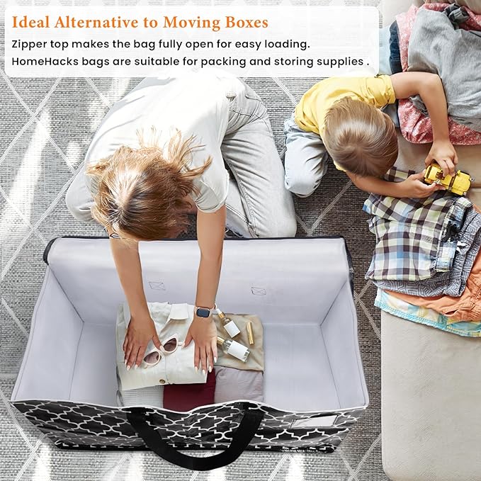 HomeHacks Heavy Duty Moving Bags with Tag Pockets, Collapsible Storage Totes for Moving, Camping & Travel -Foldable Packing Boxes, Zipper Handles, Black（2 Packs, 125L）
