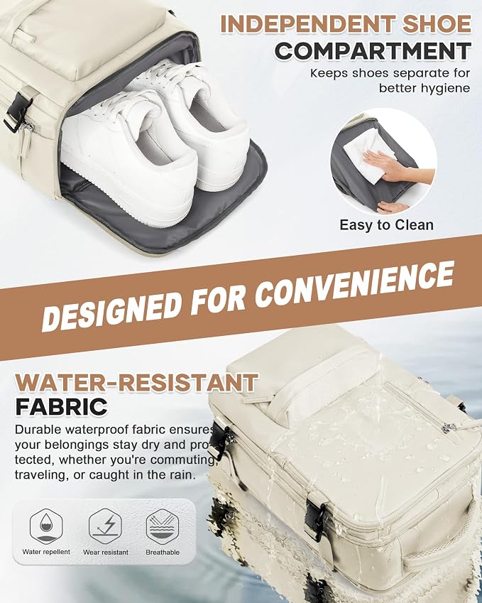 Large Travel Gym Backpack Women Carry On Backpack Flight Approved Hiking Waterproof Rucksack Casual Daypack Laptop bags airplanes Shoes Compartment Personal Item Travel Weekender Bag Essentials Beige