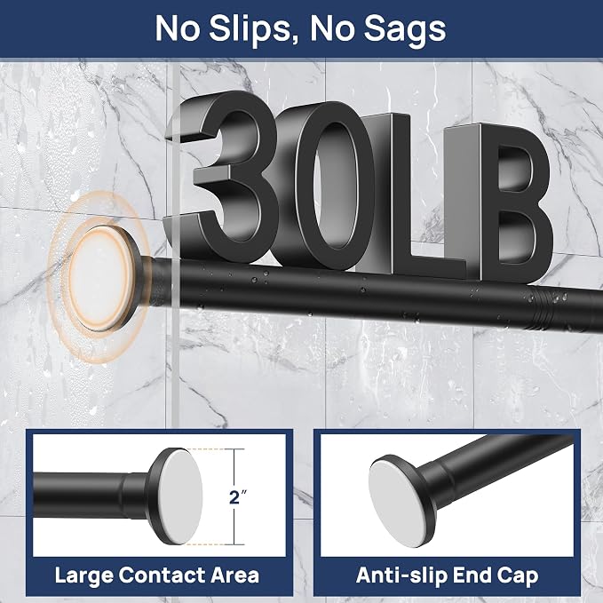 ENJOYBASICS Matte Black Shower Curtain Rod 30 to 52 Inches, Stainless Steel Adjustable Spring Tension Rods No Drill for Bathroom, Closet, Window, Room Divider, Never Rust, Non Slip