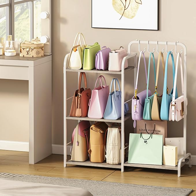 Purse Organizer for Closet, Large Capacity Purse Rack with 2 Purse Hangers and 5 Purse Hooks for Bag Organizer, Freestanding 3-Tier Handbag Organizer for Purse Storage, Ironwood Purse Holder, White
