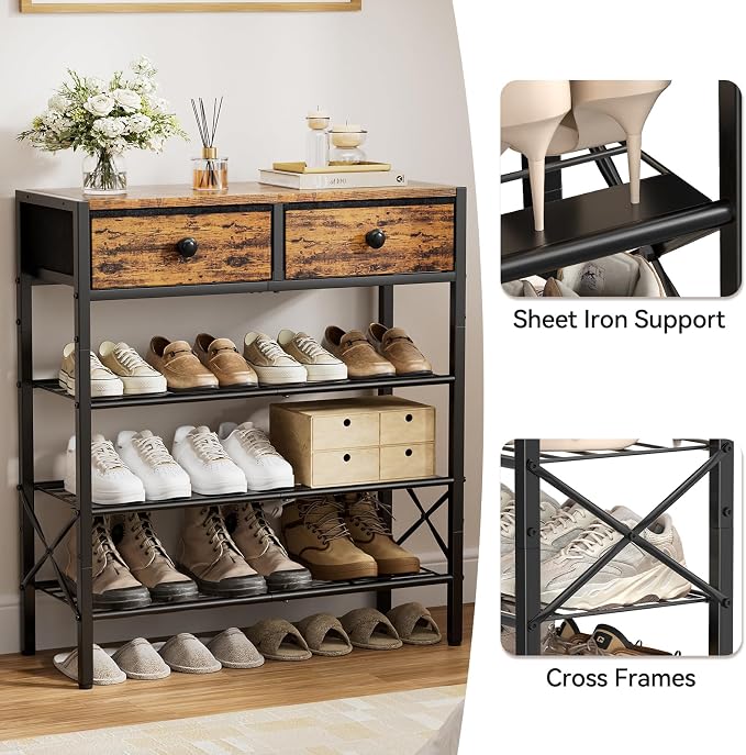 Shoe Rack for Entryway, 4 Tier Shoe Organizer with 2 Non-woven Drawers, Metal Storage Shoe Shelf for 12-16 Pairs of Shoes, with Wooden Top and Steel Frame, Shoe Stand for Closet Rustic Brown