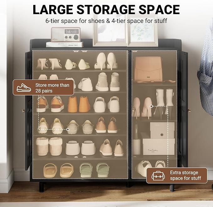 Shoe Cabinet with 3 Doors and Adjustable Shelves, Large Shoe Storage Cabinet for 24–30 Pairs, Modern Farmhouse Shoe Organizer with Open Bottom Shelf for Entryway, Living Room, Black