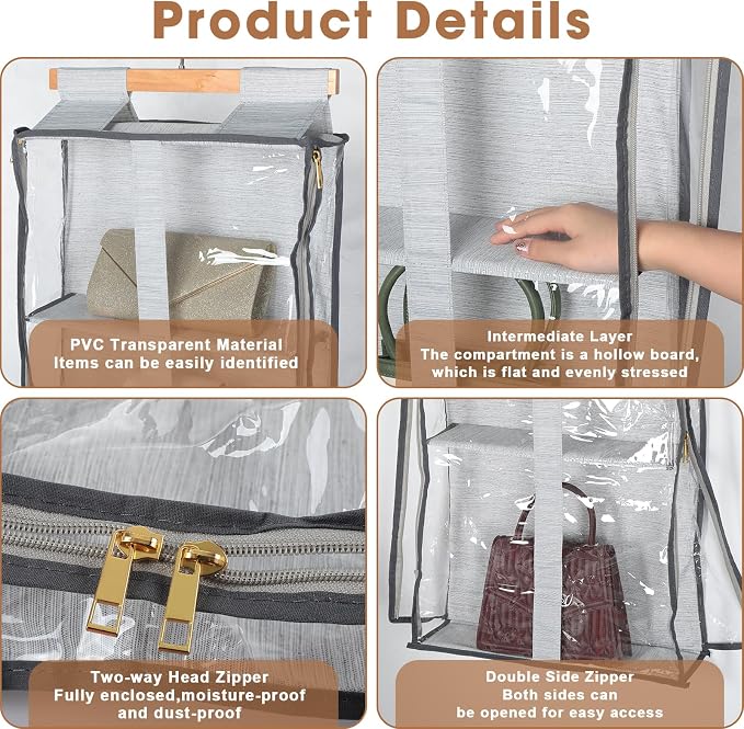 Silkfly 2 Pack Hanging Purse Organizer with Zipper for Closet Handbag Storage PVC Mesh Shelves with 4 Pockets for Bedroom Door Wardrobe Shelf Rack Space Saving(Gray)