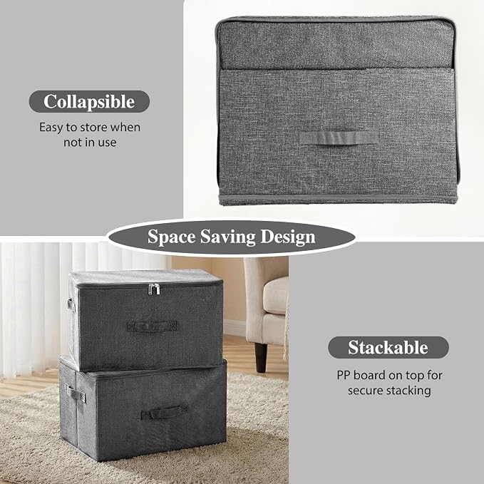 ANMINY Storage Bins with Zipper Lids 36 Qt Lidded Fabric Storage Boxes Baskets Cubes with Handles Collapsible Washable Cotton Linen Closet Shelf Clothes Organizer Containers - Gray, Large