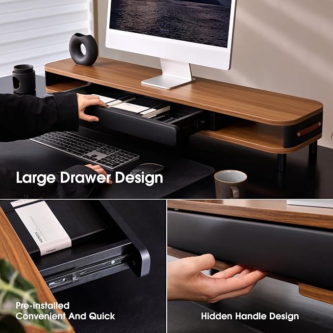 Fenge Dual Monitor Stand with Large Storage Drawer, 42.5" Dsek Shelf, Brown | Slide-Out Drawer, Ergonomic Monitor Riser, Aluminum leg, 2-Tier Desk Organizer for Laptop, TV, PC