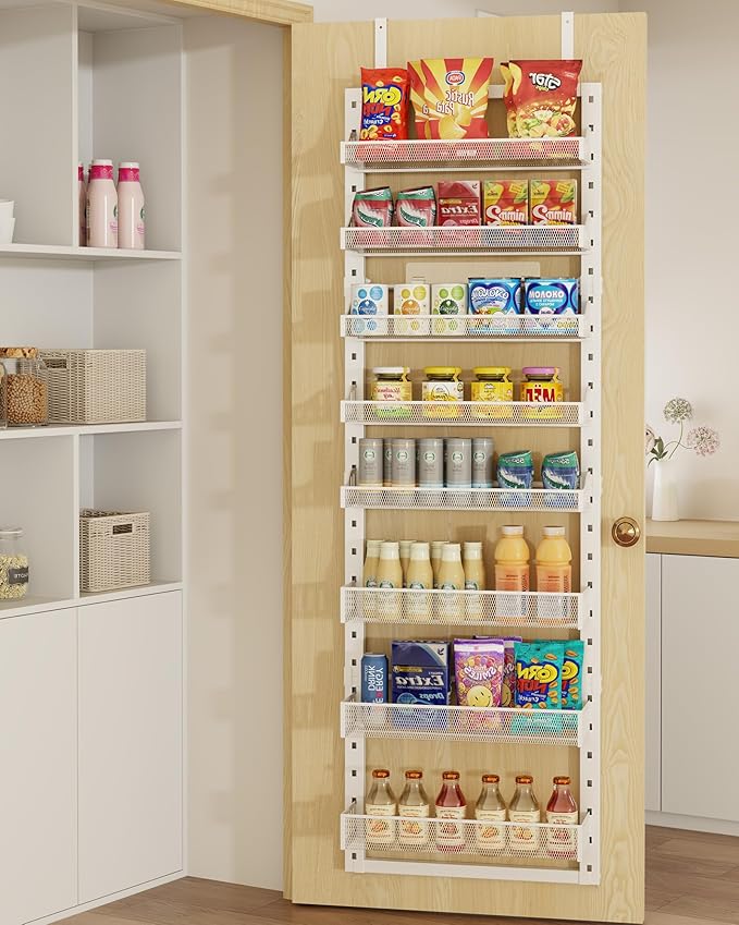 8 Tier Pantry Door Organizer, 2 IN 1 Over the Door Pantry Organizer with Metal Adjustable Baskets,Spice Rack Wall Mount or Door Organizer, Door Spice Rack for Pantry