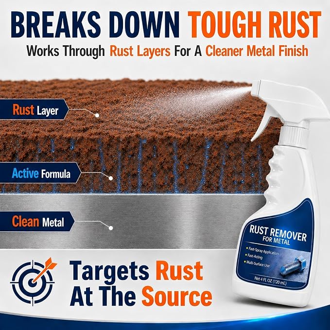 Rust Remover Spray for Metal, Highly Concentrated Metal Rust Remover for Car Parts, Tools, Cast Iron & Stainless Steel, Fast-Acting Rust Stain Remover, Spray-On Cleaner (1 Pcs)