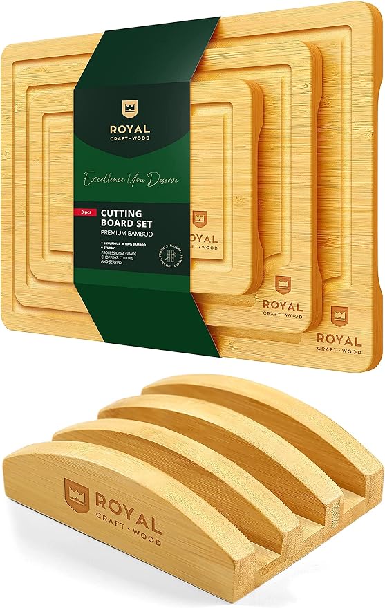 ROYAL CRAFT WOOD Bamboo Cutting Board Set with Juice Groove (3 Pieces) and Cutting Board Organizer