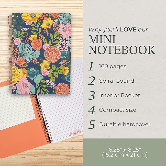 Steel Mill & Co Cute Floral Mini Spiral Notebook, 8.25" x 6.25" Journal with Durable Hardcover and 160 Lined Pages, Garden Blooms (Navy)
