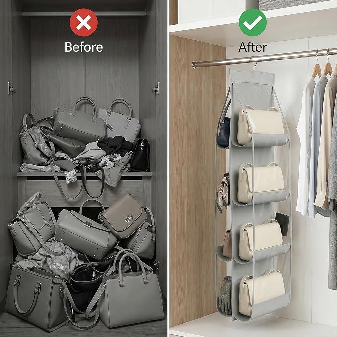 4-Pack Hanging Purse Organizer for Closet, Purse Storage Holder with 8 Clear PVC Pockets, Space Saving Handbag Hanger for Wardrobe Door Wall, Foldable Non-Woven Fabric, Gray