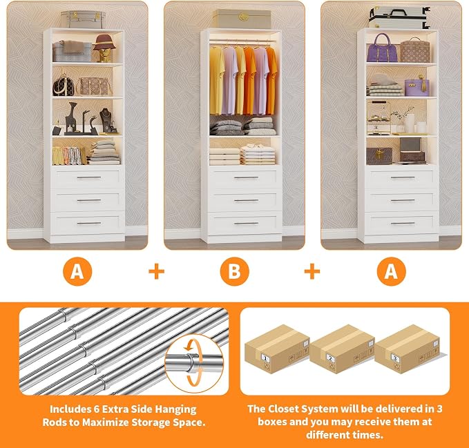 Closet System with 3 Sets, 6–20 FT Closet System with 9 Drawers, 9 Shelves & 7 Adjustable Hanging Rods, Max 244.3" Closet Organizer Systems for Walk-in Closets, Modular Custom Closet Tower, White