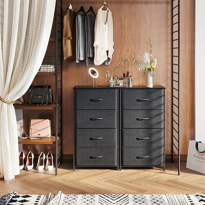 ODK Small Dresser for Bedroom with 4 Storage Drawers, Black | Dresser Chest of Fabric Drawers with Sturdy Steel Frame for Small Space, Wood Top